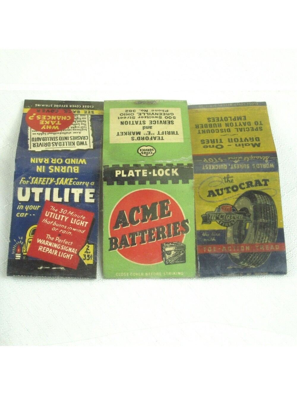 3 Vintage Matchbook Covers Utilite, Acme Batteries, McClaren Tires Autocrat RARE